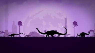 Video Dinozor Parkı. Dinozorların siluetleri gece gökyüzünün arka planına karşı. Diplodocus siluetleri dinozor parkında yürüyor.
