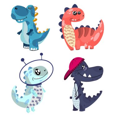 Küçük sevimli canavar dinozorların görüntüleri. Çocuk kıyafetleri için sanat dinozor canavarı. Vektör illüstrasyonu