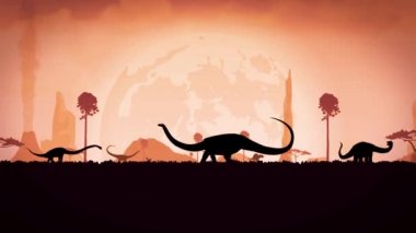 Video Dinozor Parkı. Gece gökyüzünün arka planında dinozorların siluetleri