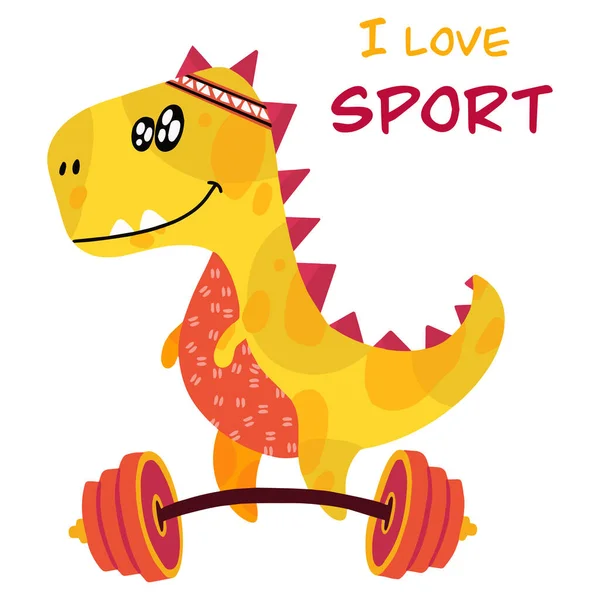 Şirin dinozor canavarı spor için içeri giriyor. Halterli bir dinozor ve sporu sevdiğim yazılı. Vektör illüstrasyonu.