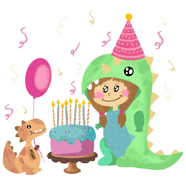 恐竜の衣装を着た女の子は幸せな誕生日を願っています ベクトルイラスト ケーキ付き恐竜 ストックベクター