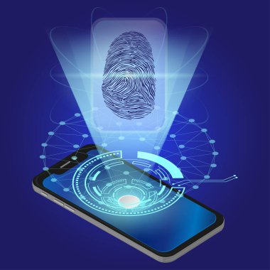 Parmak izi hologramı olan bir akıllı telefonun vektör çizimi. Akıllı Telefon Şablonu