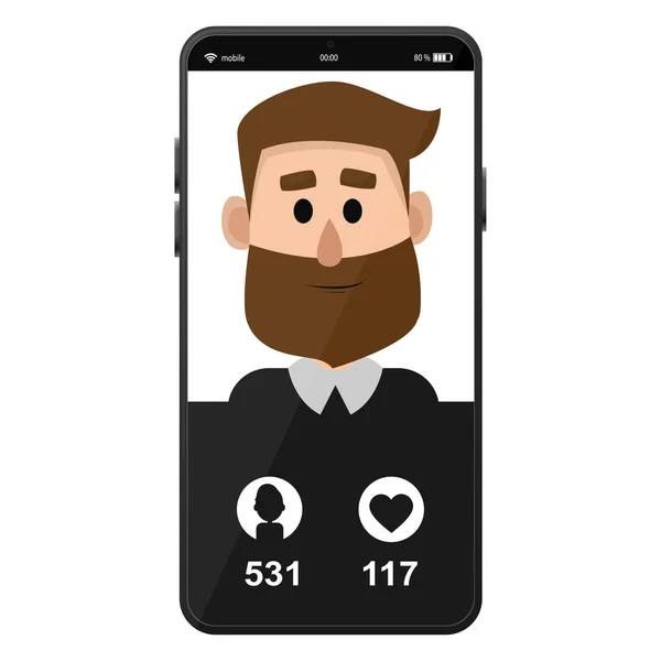 Sosyal ağda bir adam. Sosyal ağda hesabı olan akıllı bir telefon. Vektör çizimi. Akıllı telefonlu bir vektör şablonu.