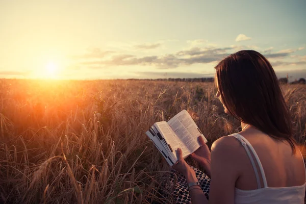 Genç kız okuma kitabı gün batımında 