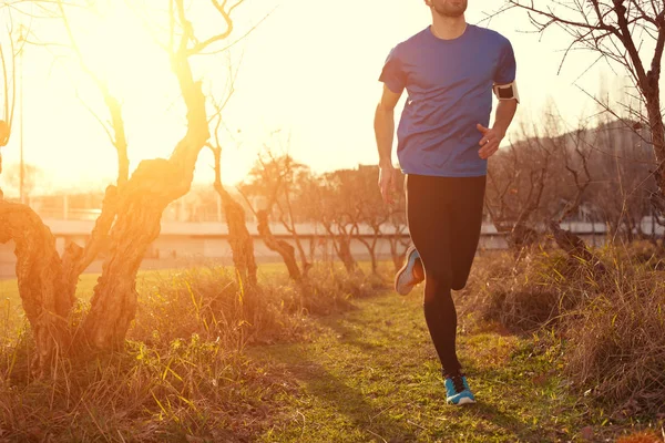 Atleet joggen in het park bij zonsondergang (weinig bewegingsonscherpte, opzettelijke zon schittering) — Stockfoto