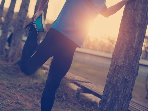 Προετοιμασία των μυών για τρέξιμο στο πάρκο στο ηλιοβασίλεμα (int αθλητή — Φωτογραφία Αρχείου