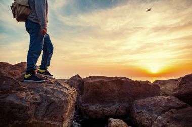 Gezgin uzakta uçak seyir deniz kenarında buzlu sırt çantası ile