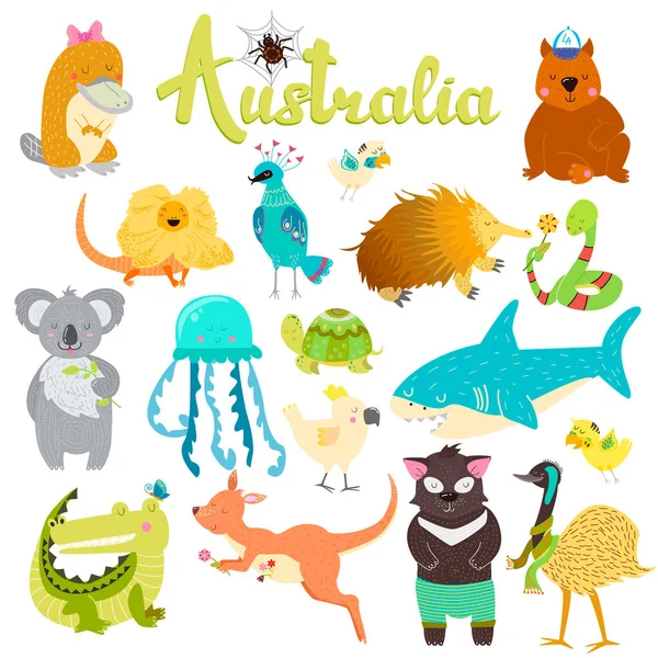 Böllér-val ausztrál bébi állatok csoportja. Pók, papagáj, wombat, gyík, medúza, cápa, krokodil, koala, kenguru, kacsacsőrű emlős, teknős, tasmán ördög, kígyó, madarak. — Stock Vector