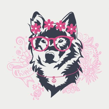 Hipster kurt dikey, gözlük ve çiçekler, el çizilmiş grafik illüstrasyon.