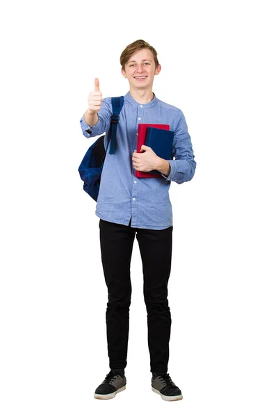 Retrato de cuerpo entero del joven estudiante sosteniendo dos libros a c — Foto de Stock