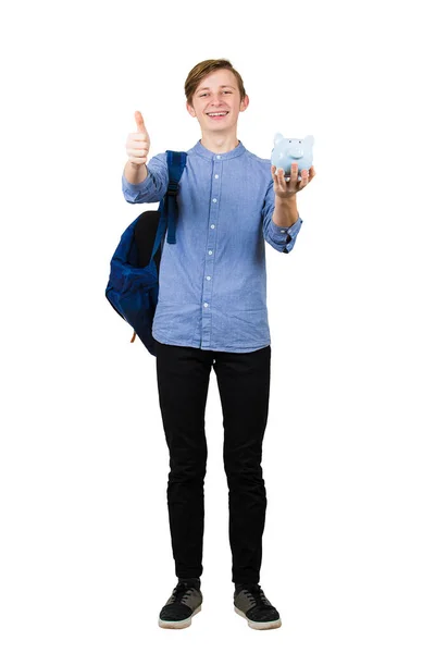 Retrato de comprimento total de estudante menino adolescente olhando para câmera c — Fotografia de Stock