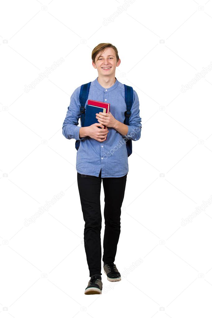 Full length portrait of confident student boy going to school ho