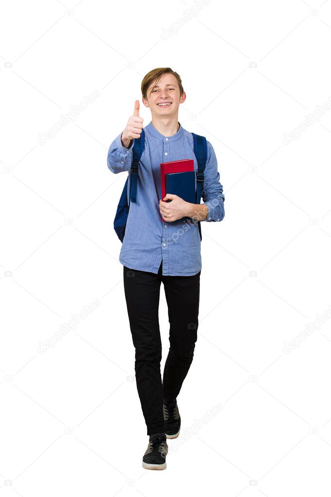 Full length portrait of cheerful student boy going to school hol