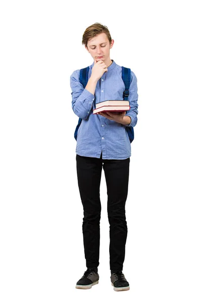 Zamyšlený student chlap plné délky portrét drží učebnice lo — Stock fotografie