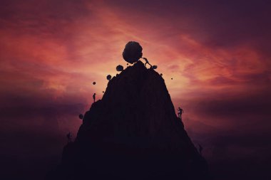 Dağ tepesinde bir adam büyük kayaları aşağı itiyor.