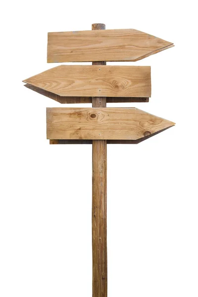 Blank wooden signpost with three directional arrows showing diff — 스톡 사진