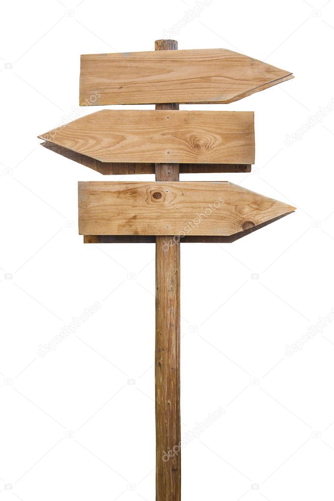 Blank wooden signpost with three directional arrows showing diff