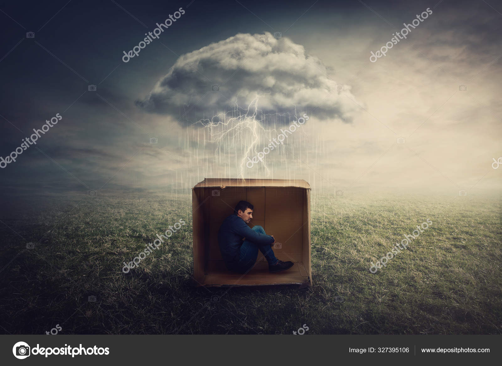 Surreales Konzept mit einem verängstigten Typen, der sich in einem Karton  versteckt - Stockfotografie: lizenzfreie Fotos © 1StunningArt 327395106 |  Depositphotos