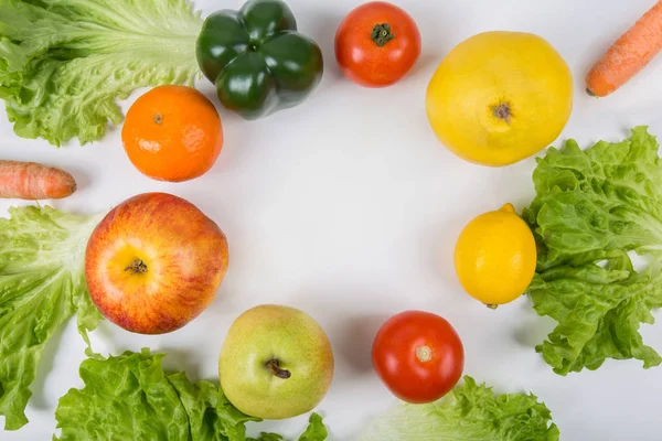 Healthy bio food arranged in circle on the table with copy space — Stock Photo, Image