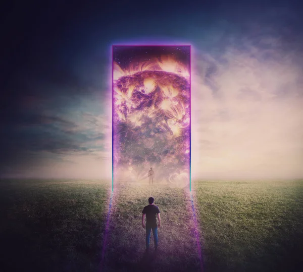 Confident man standing in front of a giant gate, neon portal lea — 스톡 사진