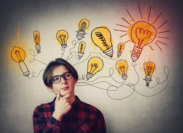 Teenage Boy Confident Thinking Glowing Light Bulbs Head Student Guy — Stock Photo, Image