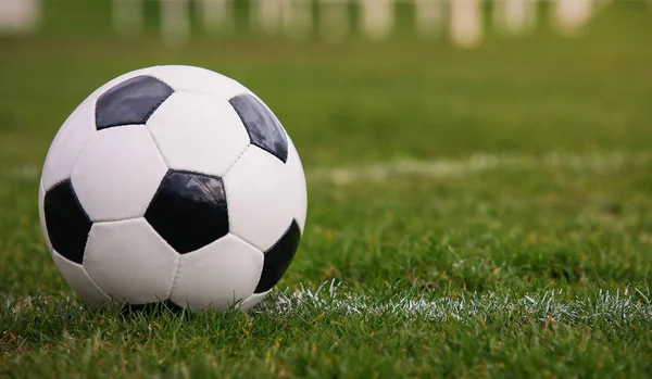 スタジアムの芝の白い線に置かれた古典的なサッカーボール 典型的な黒と白のパターン 緑の芝生の芝生の上の伝統的なサッカーボールコピースペース — ストック写真
