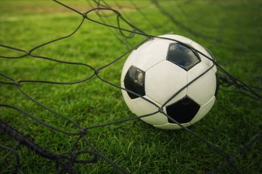 Top olarak gol konsepti kapıdan girer ve ağa çarpar. Futbol şampiyonası arka planı, bahar açık hava turnuvaları. Sağlıklı spor aktiviteleri ve oyunlar.