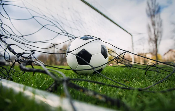 Goal Concept Soccer Ball Enters Gate Hits Net Football Championship — Stock Photo, Image