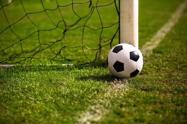 スタジアムの芝の白い線に置かれた古典的なサッカーボール 典型的な黒と白のパターン 緑の芝生の芝生の上の伝統的なサッカーボールコピースペース — ストック写真