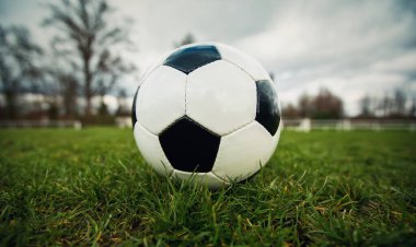 Serbest vuruş çizgisinde, stadyum sahasında tipik futbol topu. Kaleden önce yeşil çimlerin üzerinde geleneksel futbol topu. Bahar sporları boş zaman ve sağlıklı aktivite.