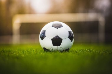 Tipik siyah-beyaz desenli günbatımında klasik futbol topu stadyum sahasına yerleştirildi. Yeşil çimlerin üzerinde fotokopi alanı olan geleneksel futbol topu.