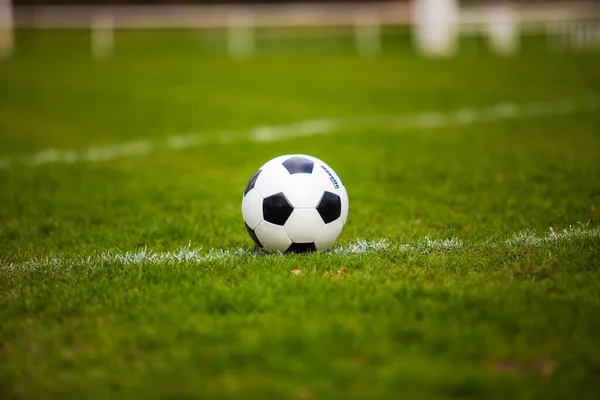 Klassischer Fußball Typisches Schwarz Weiß Muster Auf Dem Rasen Des — Stockfoto