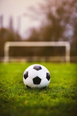 Tipik siyah-beyaz desenli günbatımında klasik futbol topu stadyum sahasına yerleştirildi. Yeşil çimlerin üzerinde fotokopi alanı olan geleneksel futbol topu.
