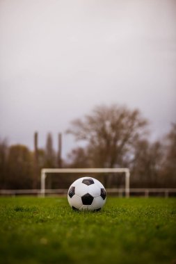 Klasik futbol topu, tipik siyah beyaz desenli, stadyum sahasına yerleştirilmiş. Yeşil çimlerin üzerinde fotokopi alanı olan geleneksel futbol topu.