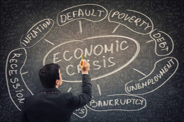 Zakenman Analist Tekenen Van Economische Crisis Regeling Aanverwante Woorden Als — Stockfoto