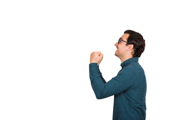 Side View Successful Young Businessman Keeps Fists Tight Celebrate Victory — Stock Photo, Image