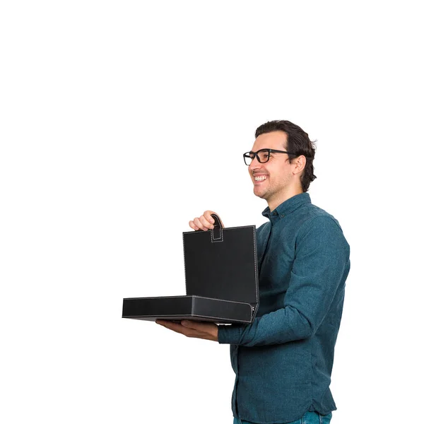 Side View Businessman Opening His Briefcase Overjoyed Facial Expression Isolated — Stock Photo, Image