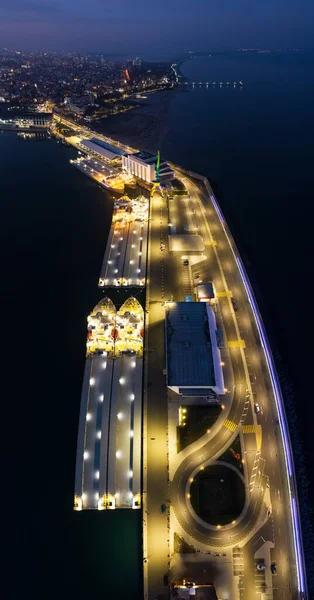 View of drone to the port Burgas at night