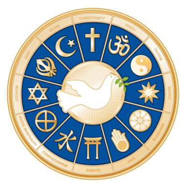 Dünya altın dinlerin Mandala, barış, Islam, Hıristiyanlık, Hinduizm, Taoizm, Bahai, Budizm, Jain, Şinto, Konfüçyüsçülük, yerli maneviyat, Yahudilik, Sih güvercini.