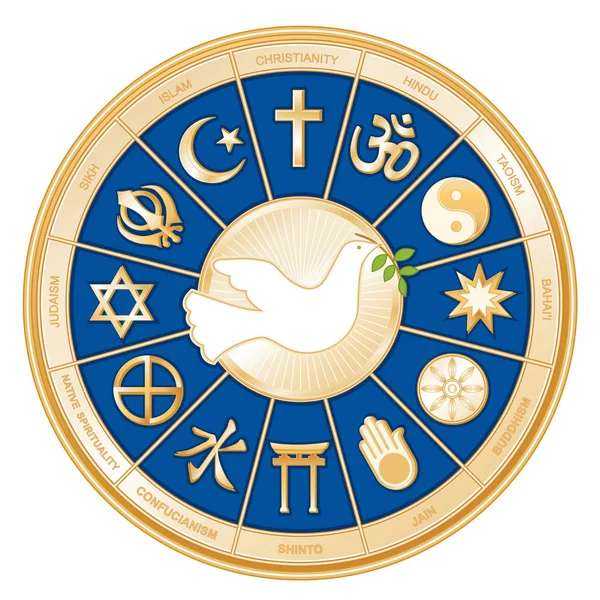 Religies van de wereld goud Mandala, duif van vrede, Islam, Christendom, Hindoeïsme, Taoïsme, Baha'i, boeddhisme, Jain, Shinto, Confucianisme, inheemse spiritualiteit, jodendom, Sikh. — Stockvector