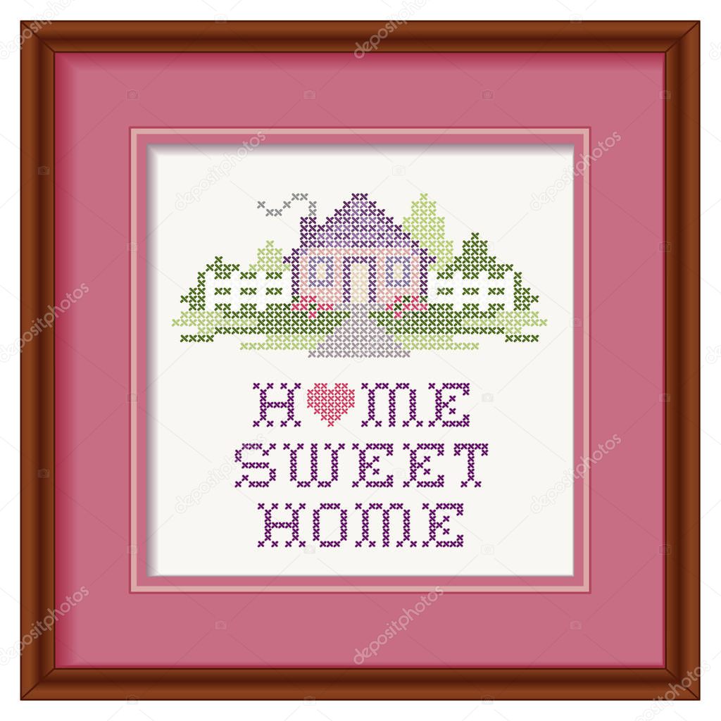 Home Sweet Home Cross Stitch Heart Embroidery, Pastels, Wood Picture Frame