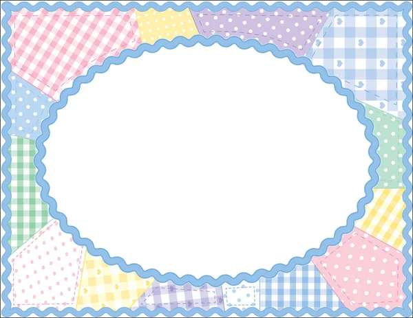 Quilt Patchwork with Rickrack Oval Picture Frame, Copy Space, Pastel Palette — Stock Vector