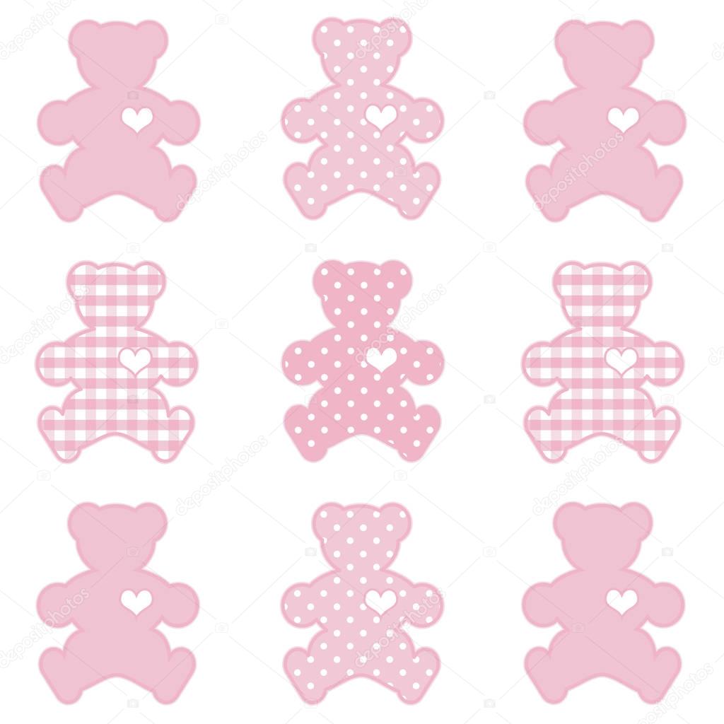 Teddy Bears in Gingham Check and Polka Dot Patchwork, Pastel Pink