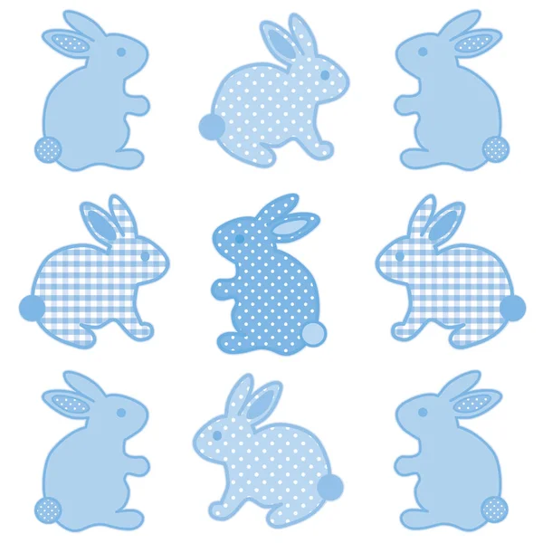 Conejos del conejito del bebé en cheque de Gingham y mosaico de lunares, azul pastel — Vector de stock