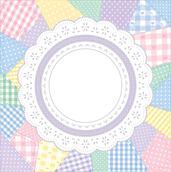 Colcha de encaje tapiz patchwork, Marco de cuadro redondo, Copiar espacio, Paleta de pastel — Vector de stock