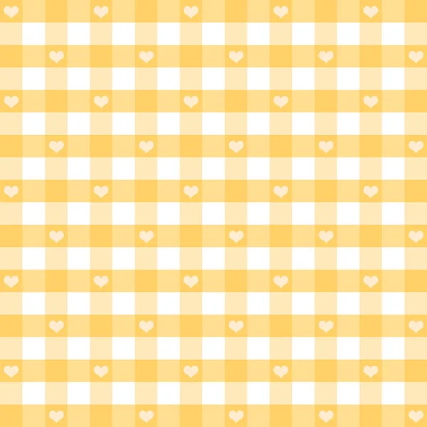 Seamless Pattern, vector includes swatch that seamlessly fills any shape, hearts and yellow pastel gingham check background — Stock Vector