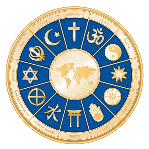 Religions du monde Roue Mandala en or, Carte de la Terre — Image vectorielle