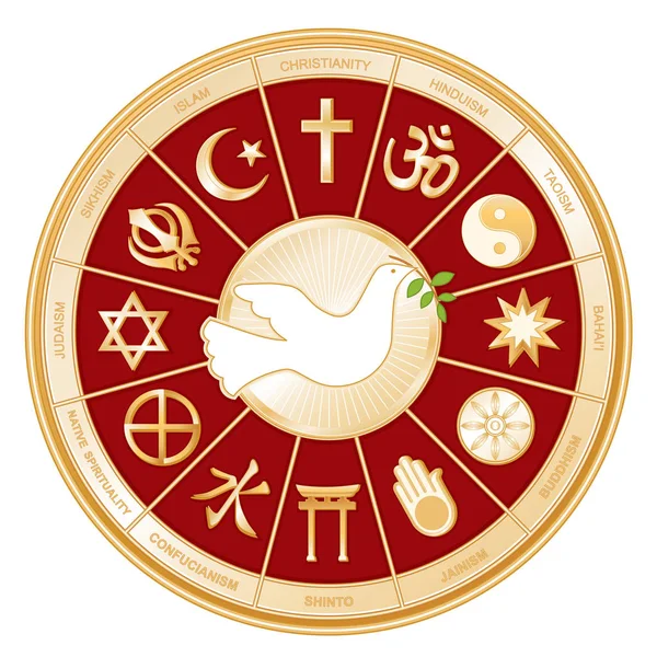 Θρησκείες του διεθνούς κόσμου χρυσού τροχό μάνταλα, λευκό περιστέρι, σύμβολο της ειρήνης — Διανυσματικό Αρχείο