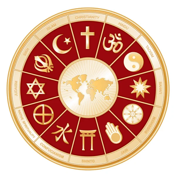 Religions du monde Roue Mandala en or, Carte de la Terre — Image vectorielle