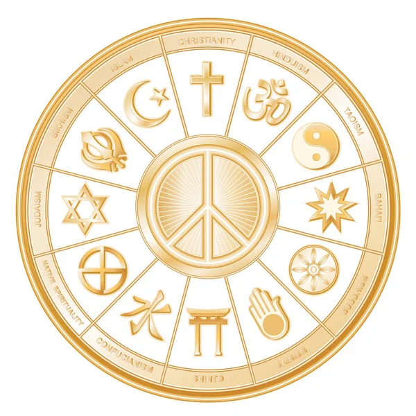 Religies van de wereld gouden Mandala wiel, internationale vrede symbool — Stockvector